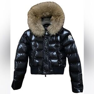 MONCLER sz 1/S Shiny Black Puffer Jacket with fox Fur trimmed Hood